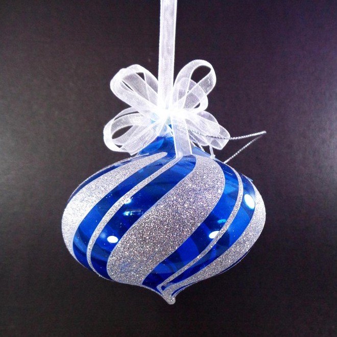 Set of 6pc Blue Glass Christmas Ornaments with Silver Glitter Design & Organza Ribbon for Xmas Tree