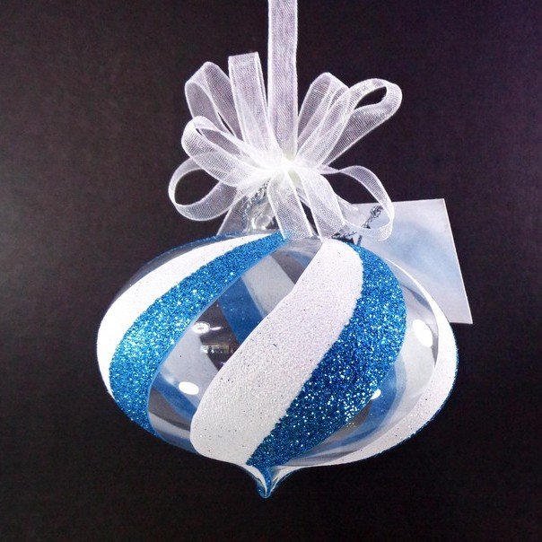 Set of 6pc Glass Christmas Ornaments with Blue White Glitter Design and Organza Ribbon for Xmas Tree