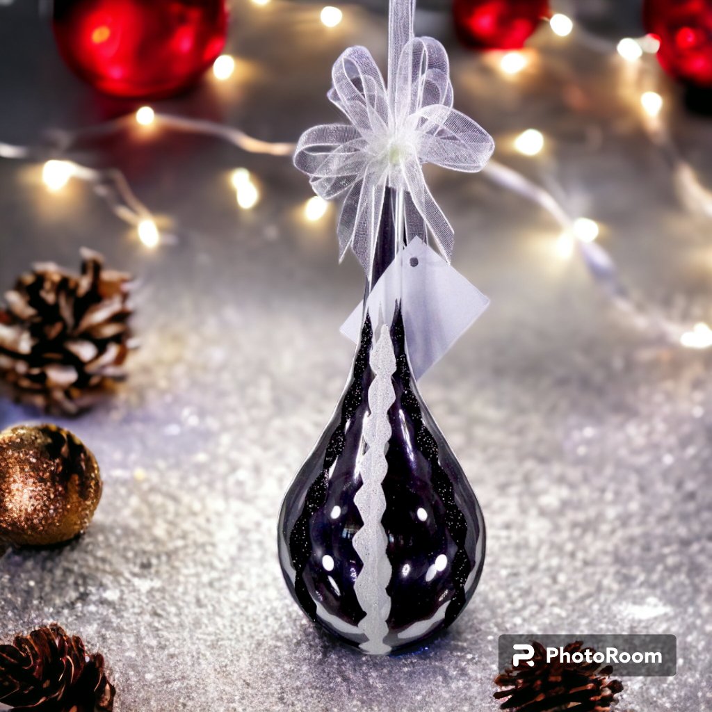 Glass Christmas Ornaments Drop Black & White Diamond Glitter Design for Xmas Tree Decor - Image 2