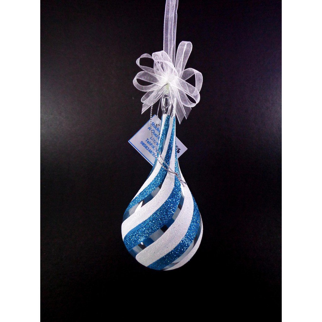 Set of 6pc Glass Christmas Ornaments with Blue White Glitter Design and Organza Ribbon for Xmas Tree