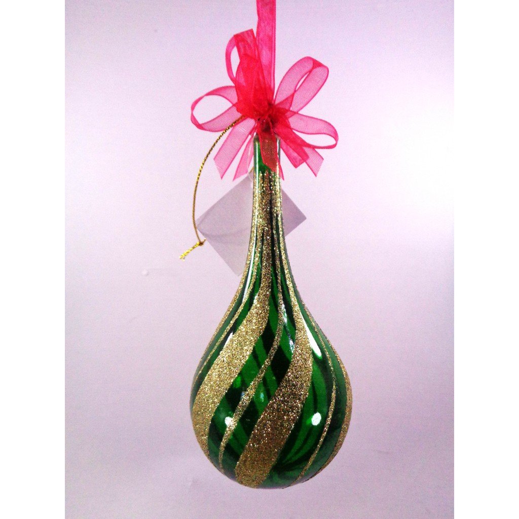 Set of 6pc Glass Christmas Drop Ornaments with Green Glitter Design and Organza Ribbon for Xmas Tree