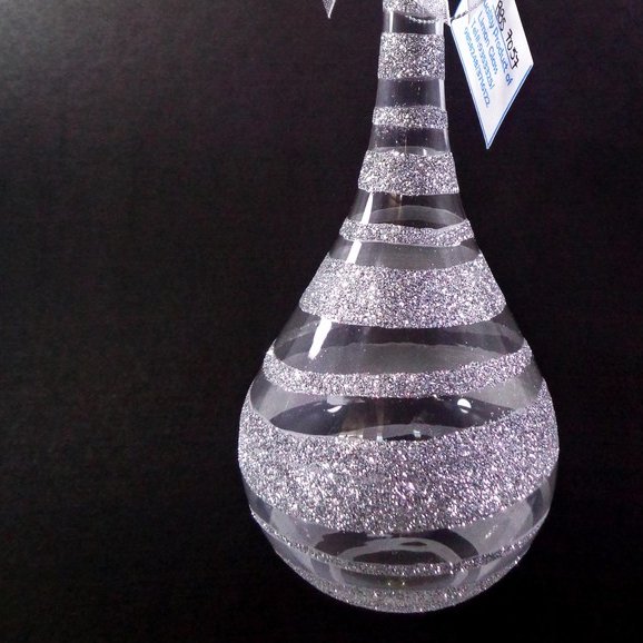 Glass Christmas Drop Ornament Silver Glitter Stripe 6pc Set for Xmas Tree Decor - Image 2