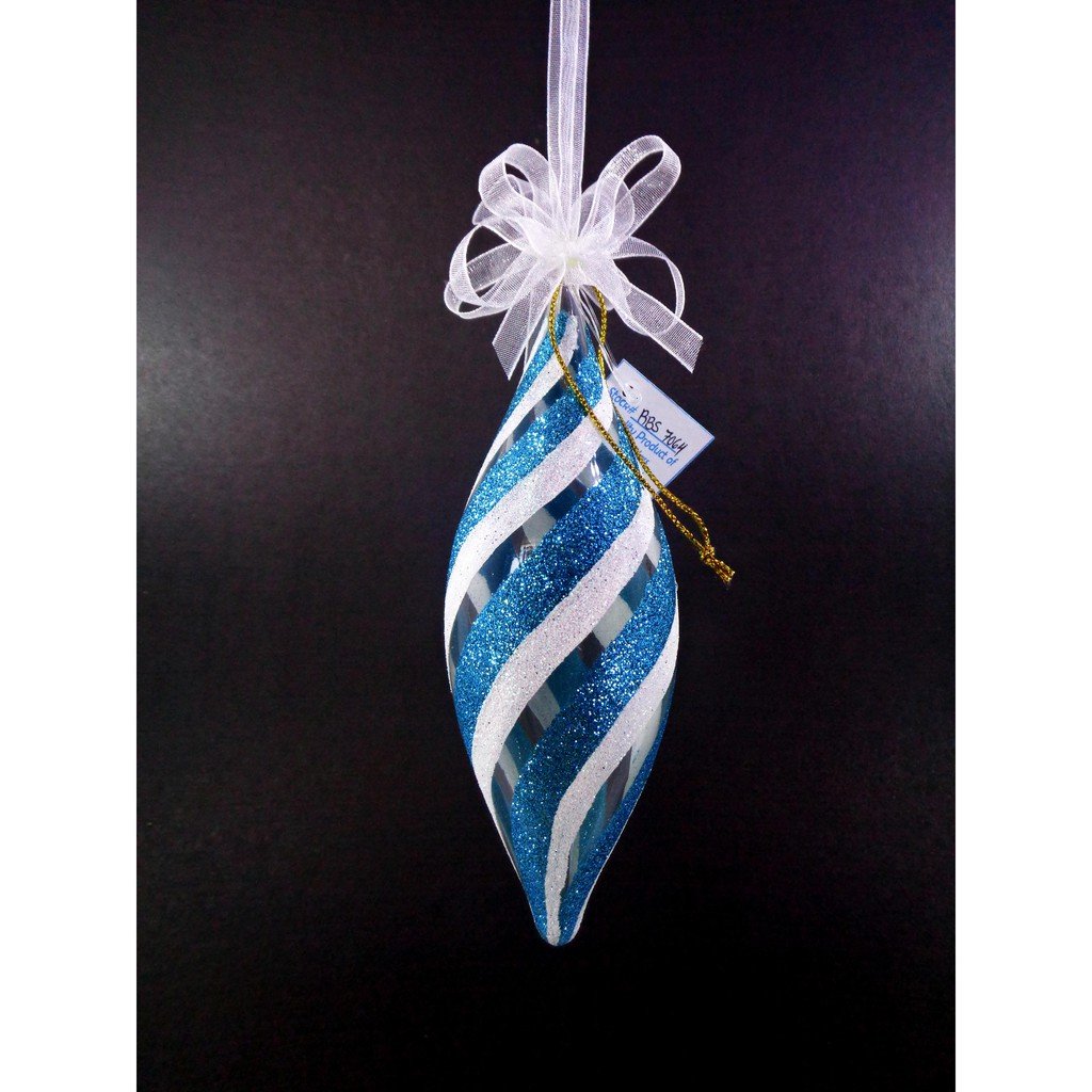 Set of 6pc Glass Christmas Ornaments with Swirl Glitter Design and Organza Ribbon for Xmas Tree