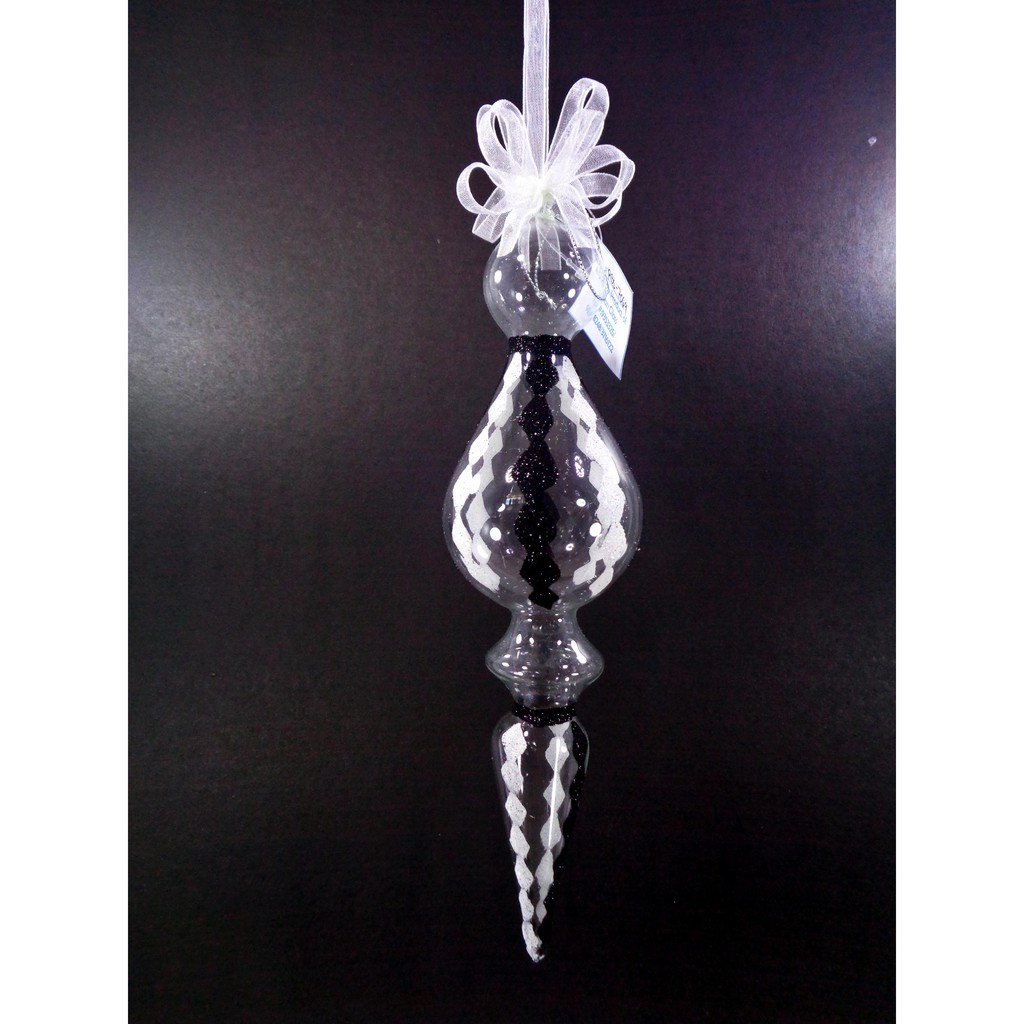 Glass Christmas Elongated Ornaments Black & White Diamond Glitter for Xmas Tree Decor - Image 2