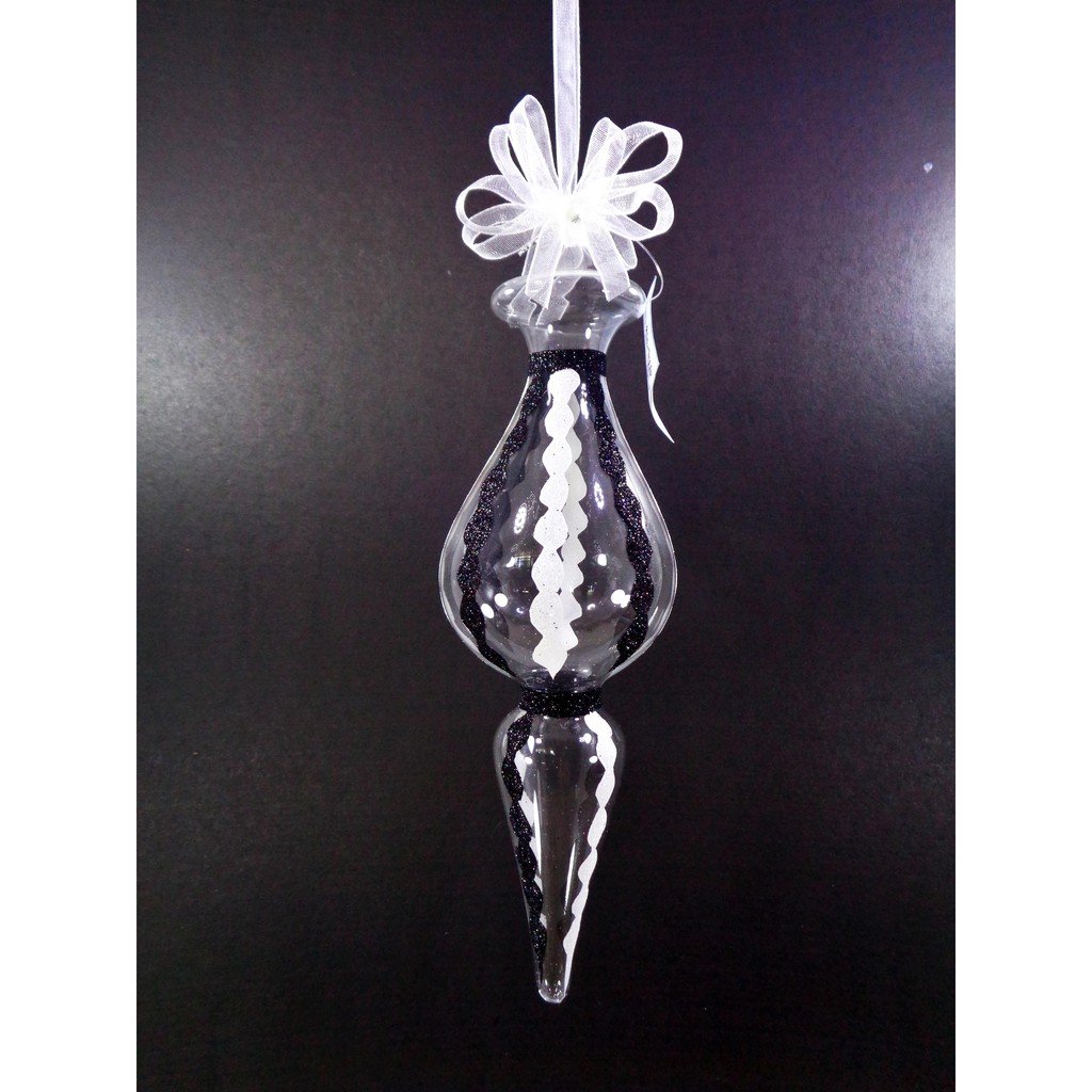 Glass Christmas Ornaments Black & White Elongated Diamond Glitter 6pc Set for Xmas Tree Decor - Image 2
