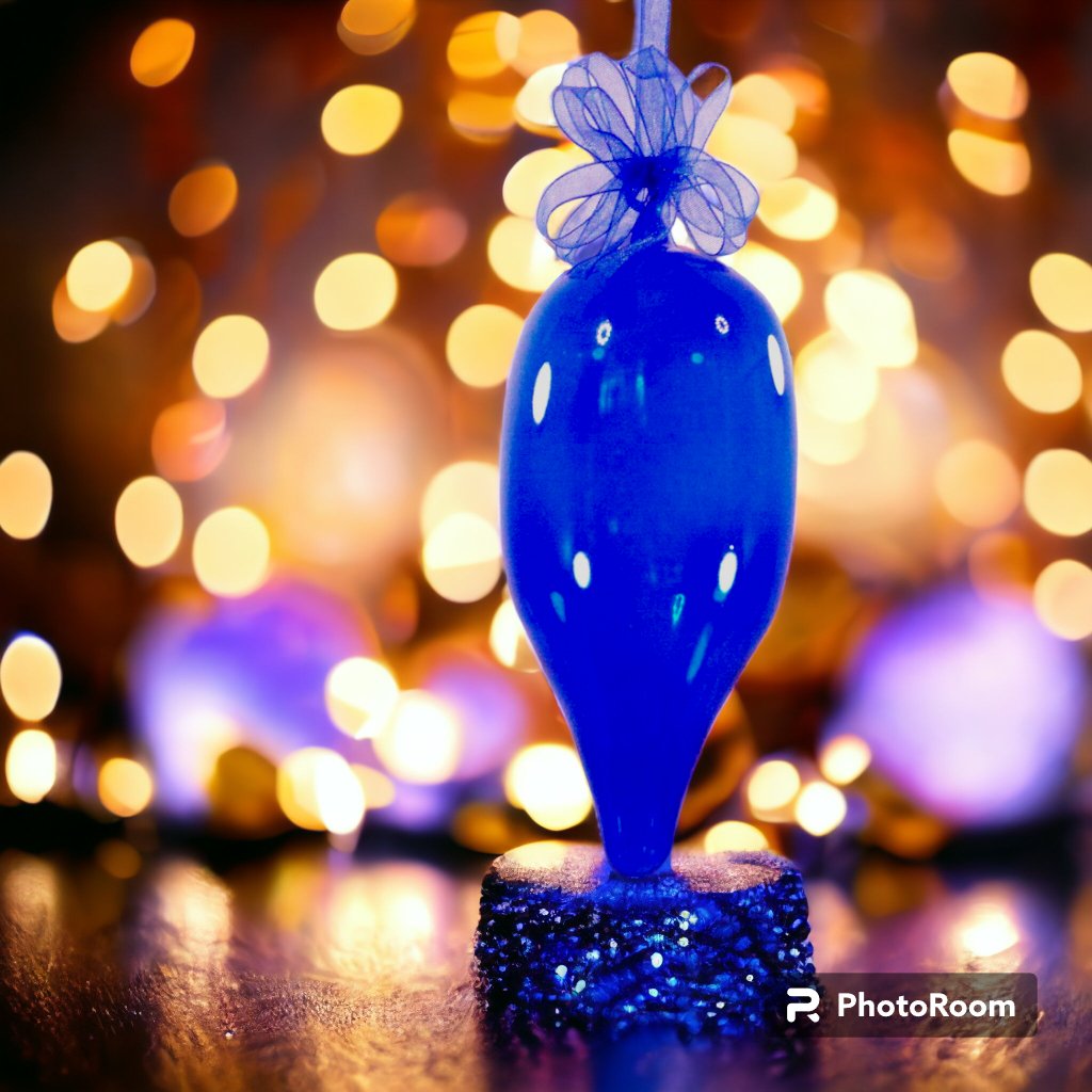 Set of 6pc Colored Blue Glass Christmas Oblong Ornaments with Organza Ribbon for Xmas Tree Hanging