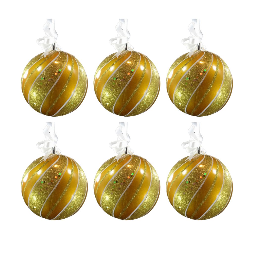 Gold Christmas Balls with Glitters Swirl 6pc Set Christmas Tree Decoration 5 Inches - Image 5