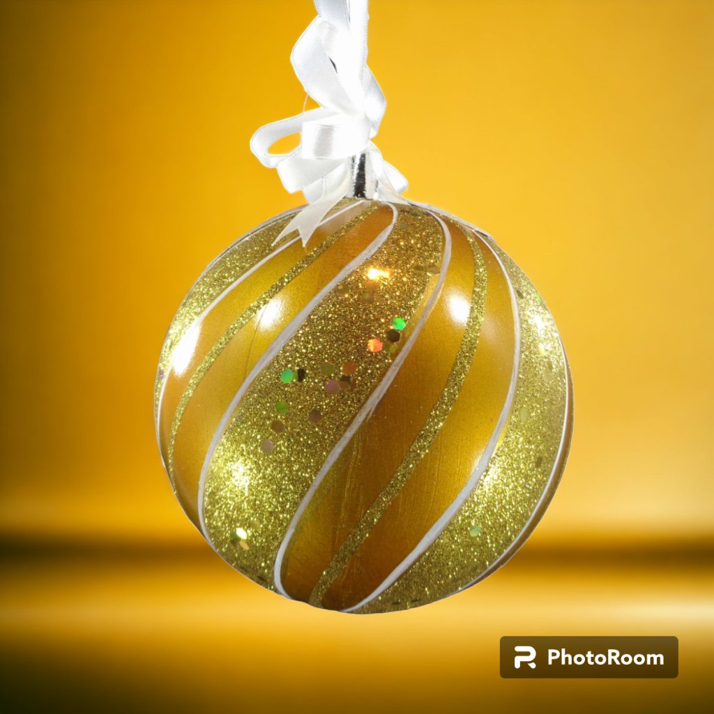 Gold Christmas Balls with Glitters Swirl 6pc Set Christmas Tree Decoration 5 Inches