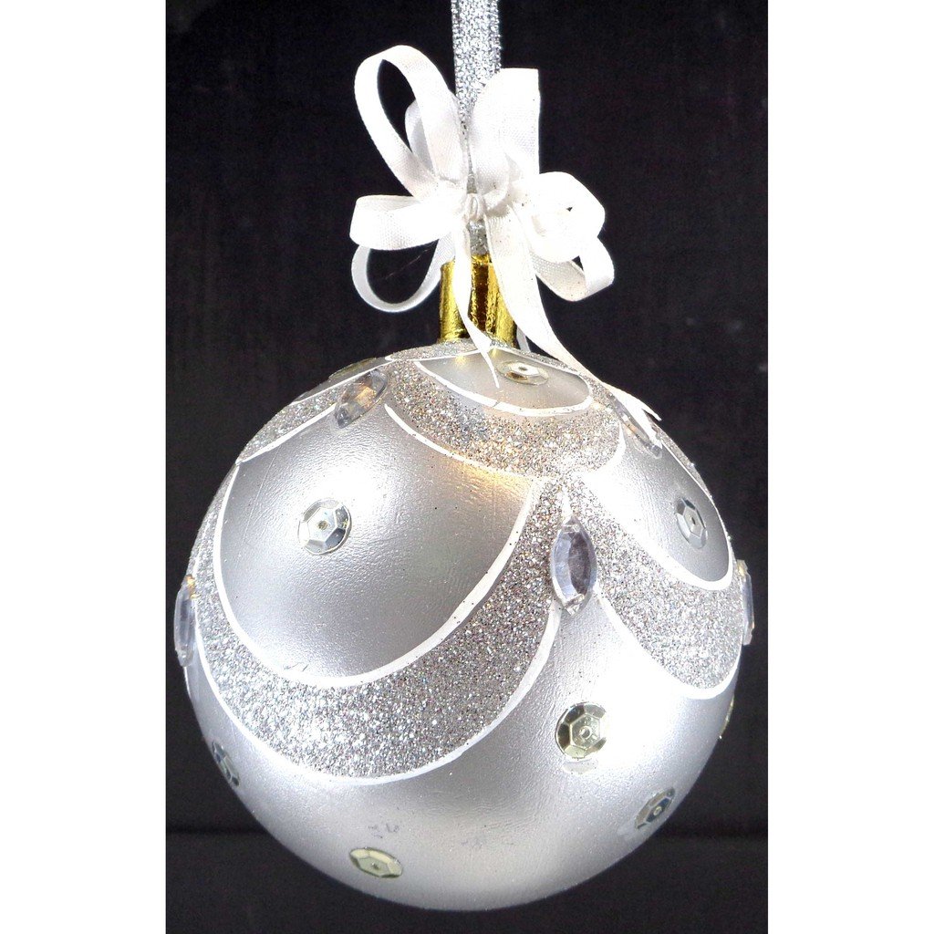 Set of 6pc Plastic Christmas Ornaments with Glitter Design and Organza Ribbon for Xmas Tree Hanging