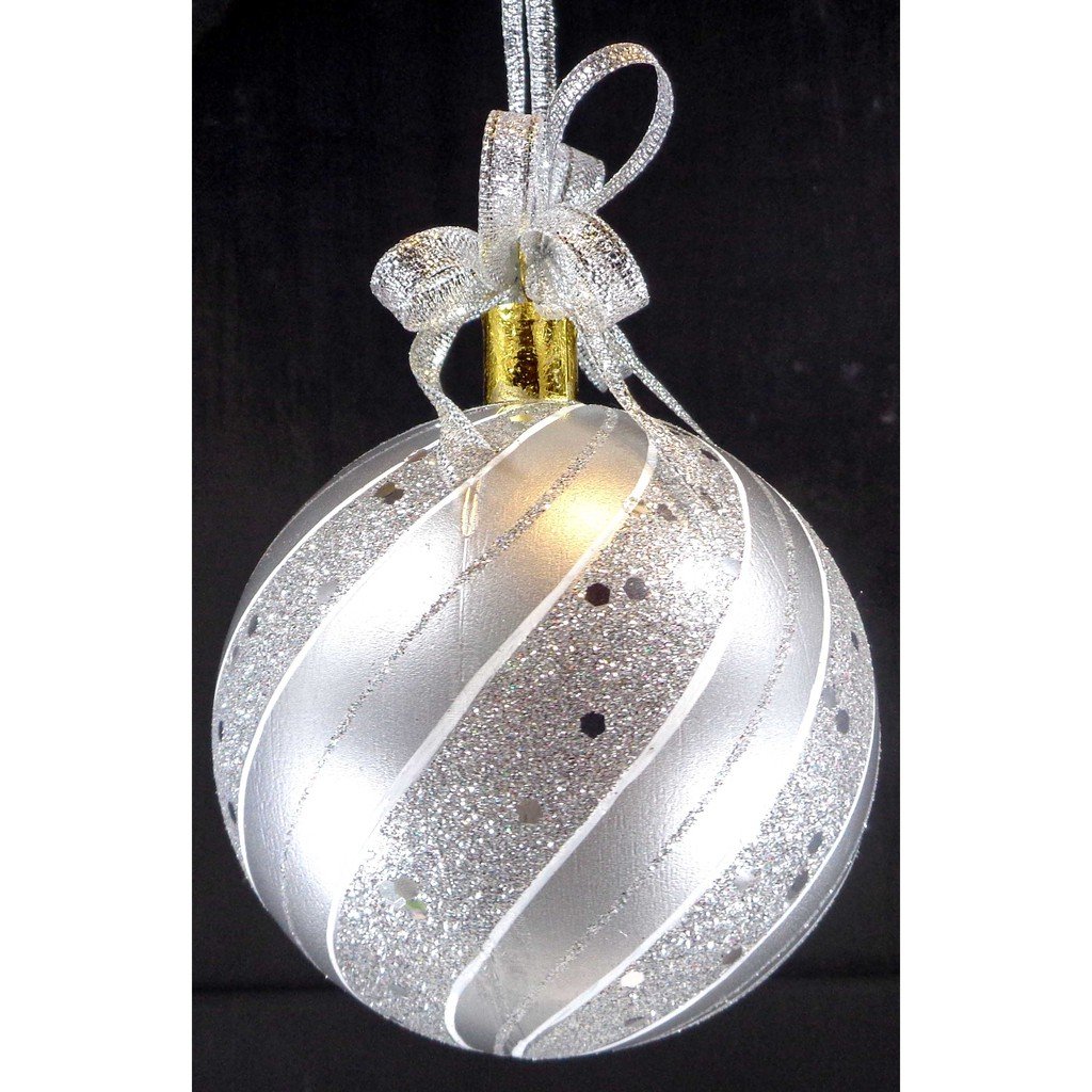 Set of 6pc Plastic Christmas Ornaments with Glitter Design and Organza Ribbon for Xmas Tree Hanging
