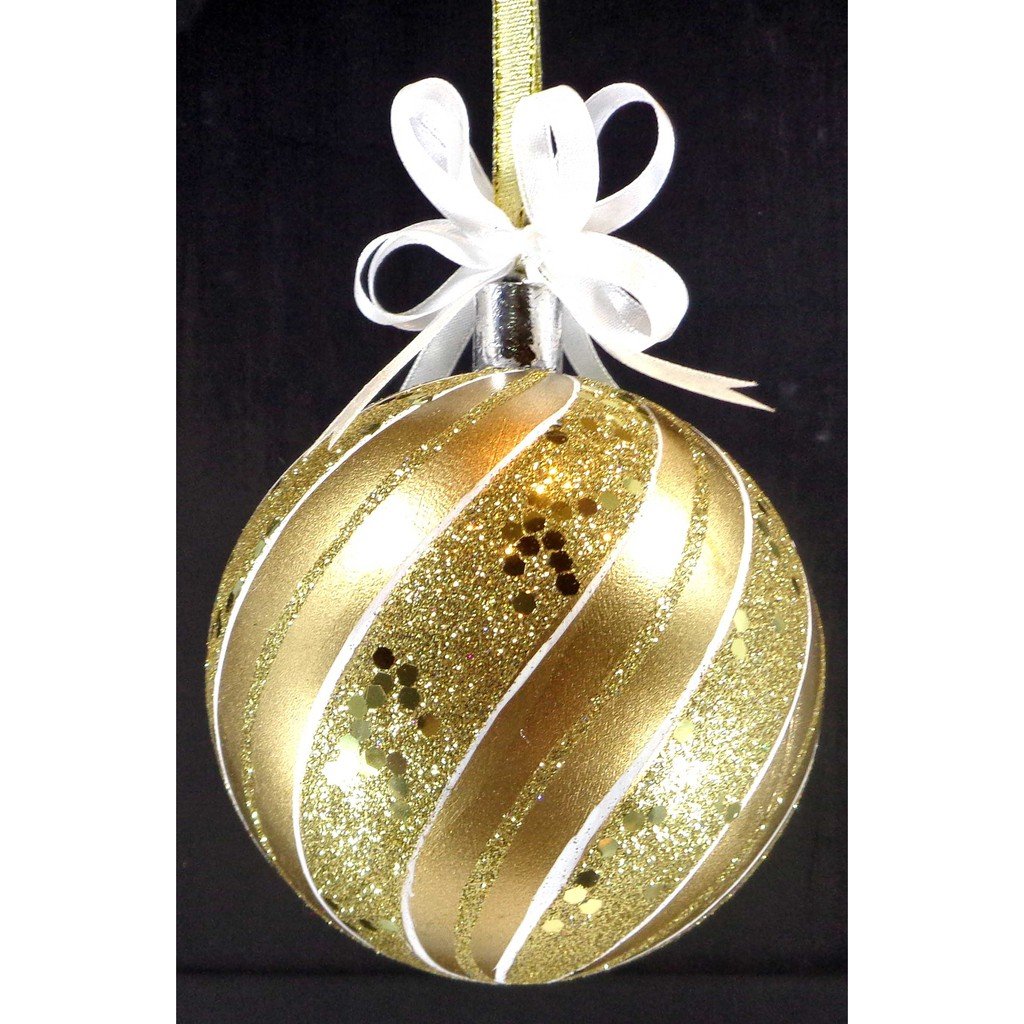 Set of 6pc Plastic Christmas Ornaments with Glitter Design and Organza Ribbon for Xmas Tree Hanging
