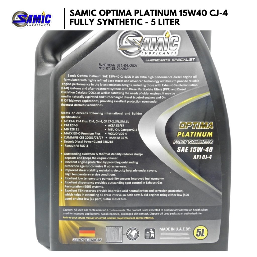 Samic Optima Platinum 15W40 CJ-4 - 5Liter / 1Liter - Fully Synthetic (Diesel Engine Oil) - Image 4