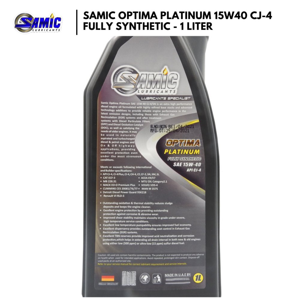 Samic Optima Platinum 15W40 CJ-4 - 5Liter / 1Liter - Fully Synthetic (Diesel Engine Oil) - Image 7