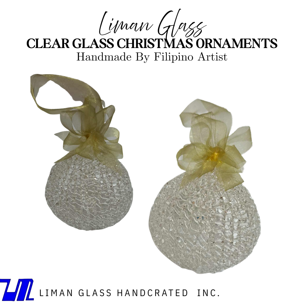 Set of 6 Pcs Clear Glass with Gold Ribbon Christmas Ornaments Handmade By Filipino Artist - Image 2
